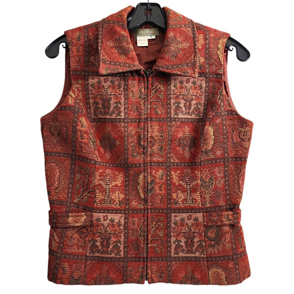 THE TERRITORY AHEAD Vest Womens 4 Red Tapestry Aztec Southwestern Full Zip